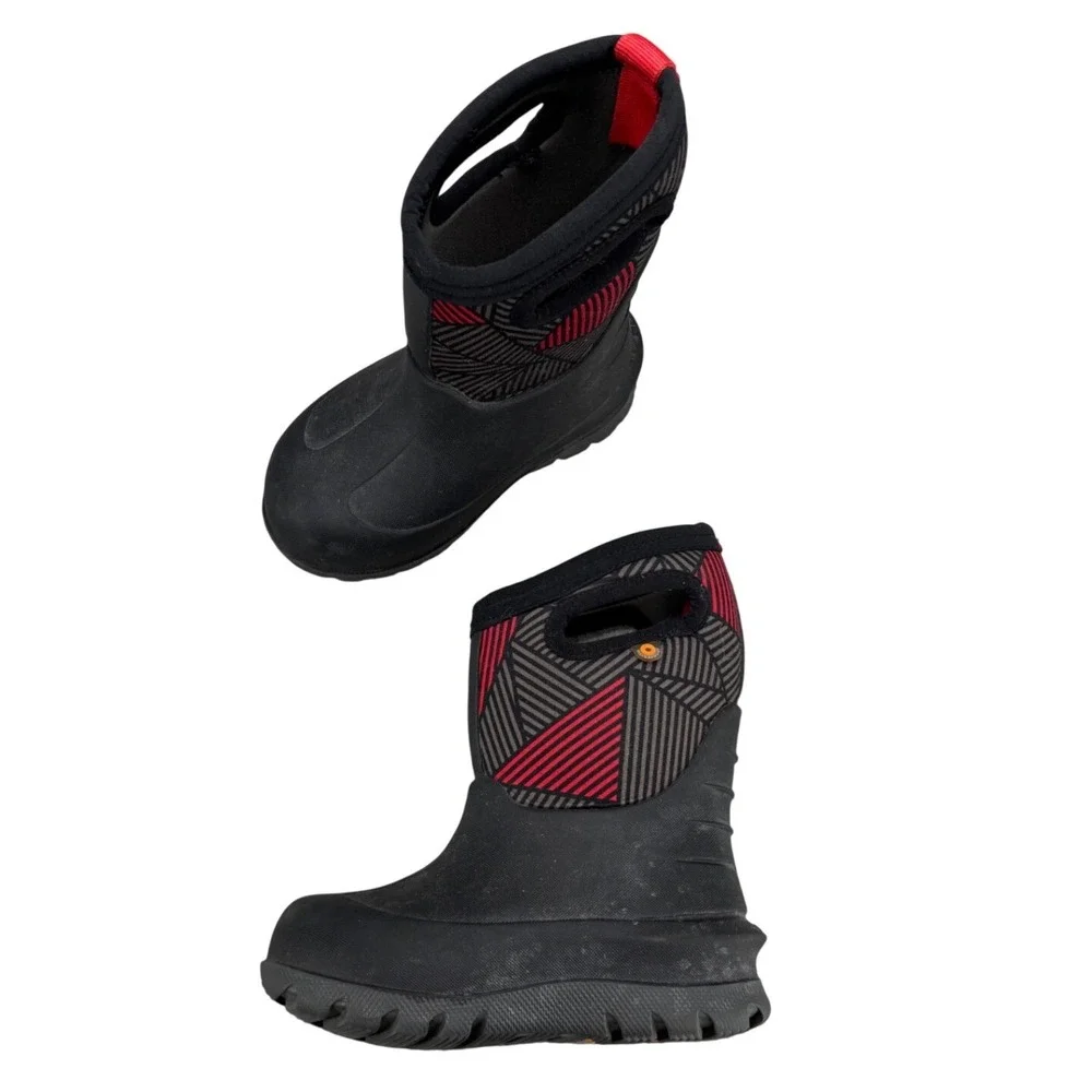 Bogs Kids Neo-Classic Rain Boots Geo Black Red Waterproof Winter Boots Size 7